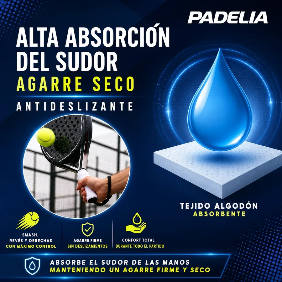 Gota de agua sobre tejido de algodón absorbente: alta absorción del sudor, agarre seco y antideslizante durante todo el partido