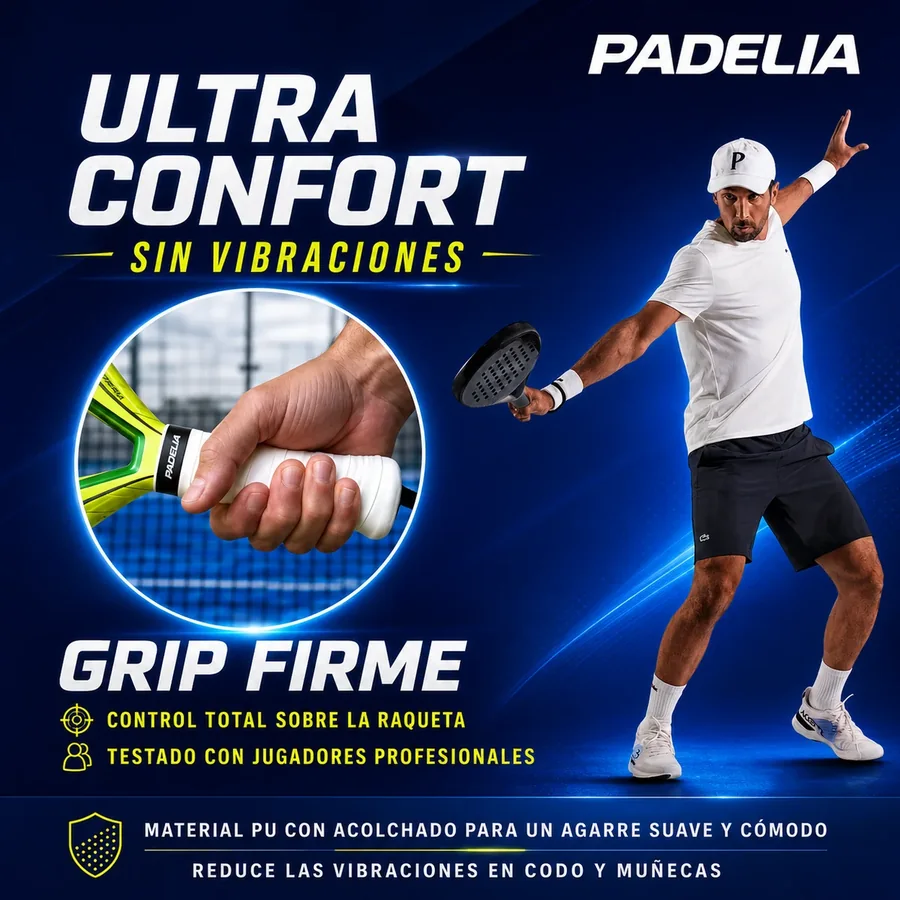 Mano agarrando una pala con overgrip PADELIA blanco: ultra confort sin vibraciones, control total sobre la pala y material de PU con acolchado
