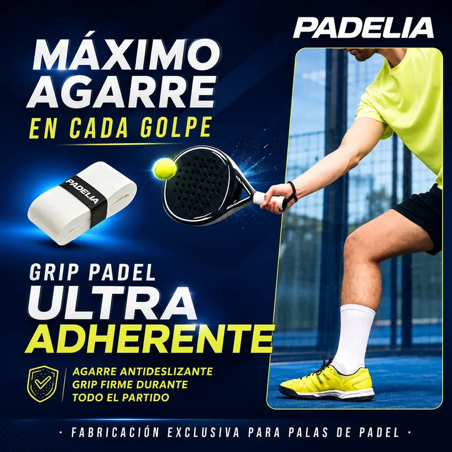 Overgrip de pádel PADELIA blanco y jugador golpeando de derecha: máximo agarre en cada golpe, agarre antideslizante y grip firme durante todo el partido