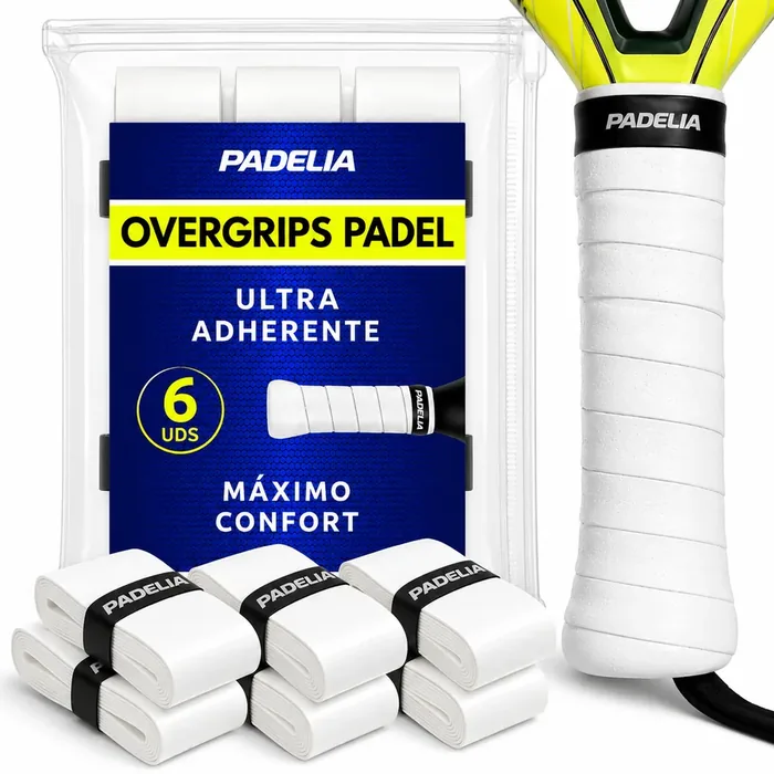 Pack de 6 overgrips de pádel PADELIA blancos junto a una pala